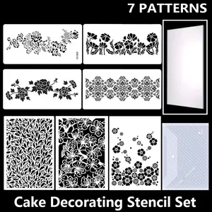 7-Piece Cake Decorating Stencil Set, Elegant Garden Style, with Cake Scraper and Storage Bag