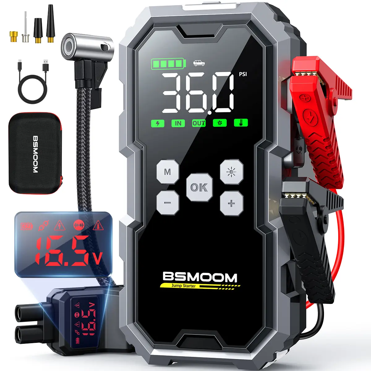 26800mAh BSMOOM [5-in-1] Portable Car Jump Starter with Air Compressor(All Gas/10.0L Diesel),With Tireinflator, 12V AutoBoost BatteryCharger Jumper Box, Rapid Charger with LEDScreen Vehicle Automotive