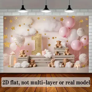 1pc 2D Flat Banner Pink and Golden First Birthday Party Backdrop Background Decoration Photo Props Polyester Banner Decor Home Room Wall Party Background Decor White