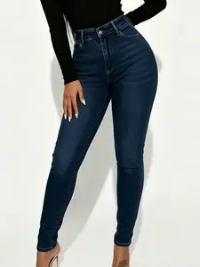 Elegant High Waist Long Skinny Denim Jeans for Women, Womenswear, Versatile Four Seasons Wear, Slimming Fit, Stylish Chic Casual Pants, Trouser, Basic, Denim Skinnies, Wash Jeans WH54 BBL