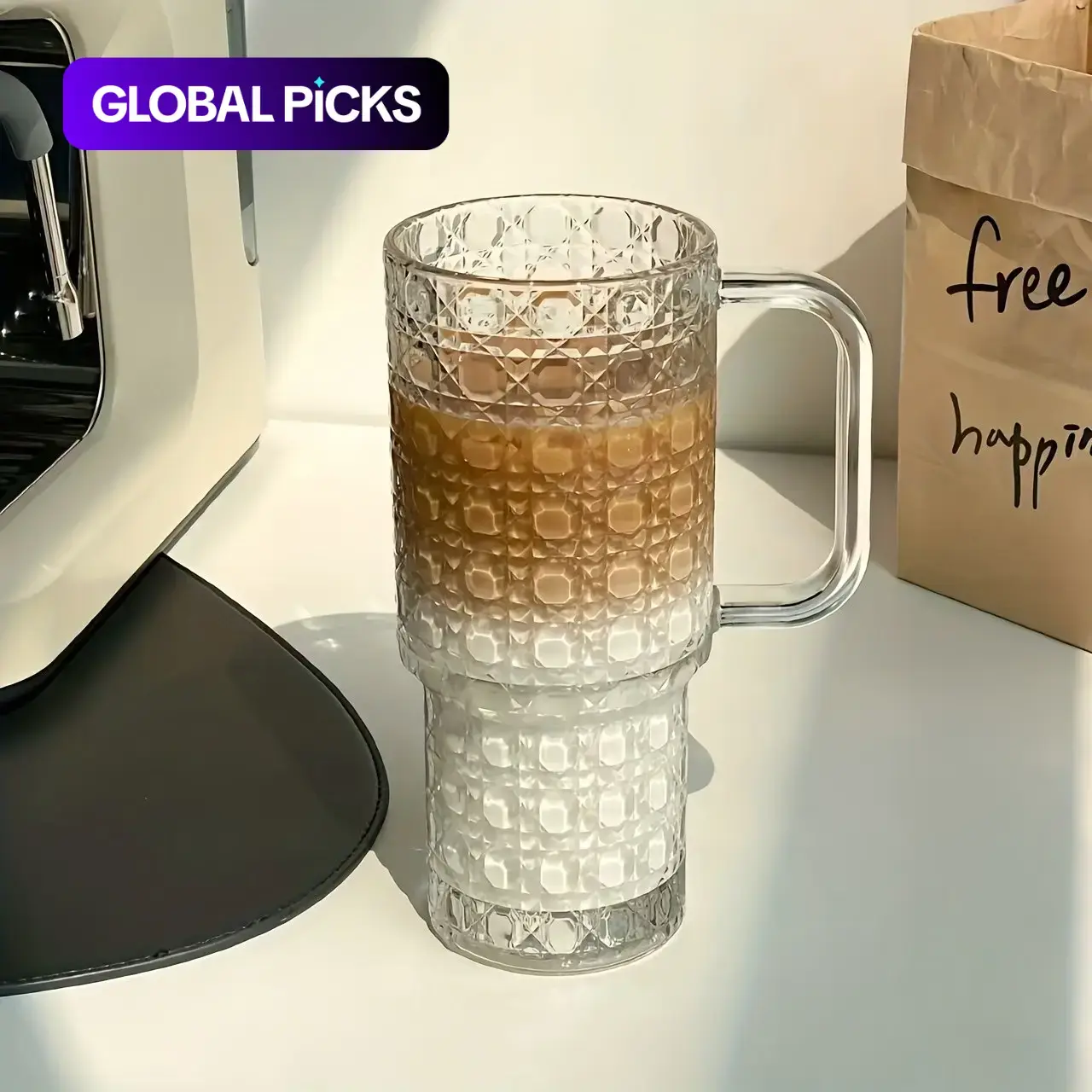 500 ml Glacier-Texture Iced Coffee Glass Cup, Drinking Glass, Reusable Water and Beverage Cup, Ideal for Whiskey, Milk, Iced Americano, Latte and Tea Drinkware #GLOBAL PICKS