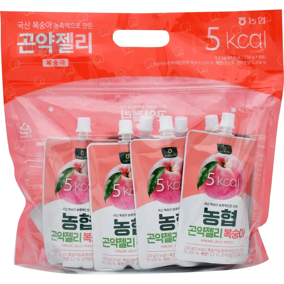 Nonghyup (NH) Peach Flavor Konjac Jelly Drink - 8 Resealable 150g Pouches, Natural Fiber-Rich Konjac Base, Low-Calorie, Dairy-Free Ambient Fruit Snacks, Korean Food, Convenience Snack