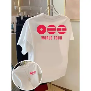 Geometric "World Tour" K-Pop T-Shirt – Red Icon Graphic Tee | Korean Music Tour Shirt | White Front & Back Print Top