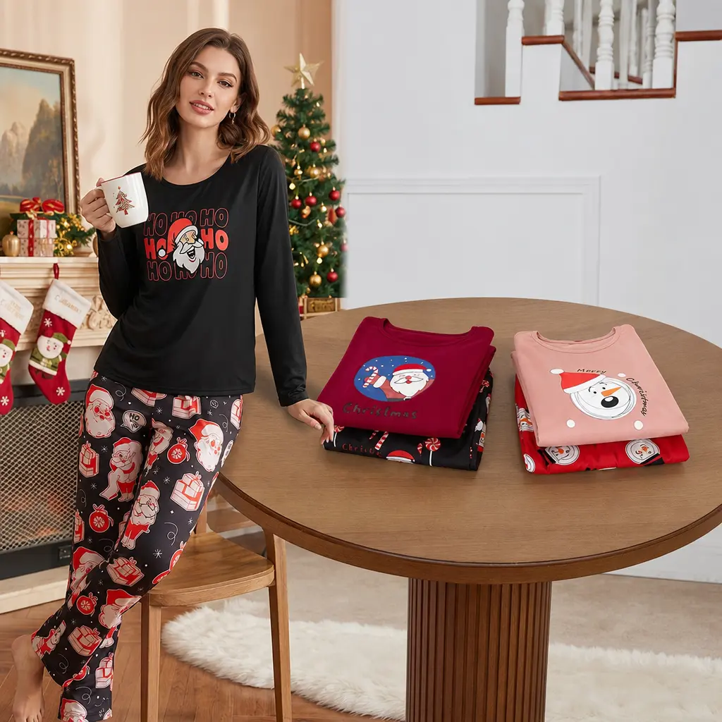 FEITAI Women's 2-Piece Christmas Long-Sleeve Pajama Set - Santa & Snowflake Print, Round Neck Top, Elasticated Pants, Soft Comfortable Fabric, Casual Loose-Fitting, Machine Washable