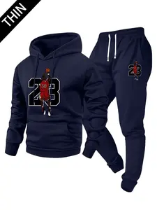 Men's spring and autumn lightweight 23 print pattern hoodie and sweatpants set, stylish casual men's clothing with pockets, street sports elastic waist drawstring pants, two-piece set suitable for cool weather, perfect gift for men