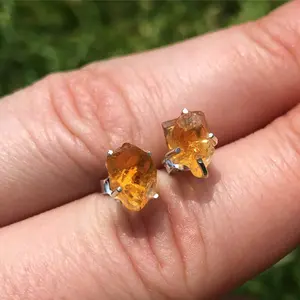 Citrine (Treated) Raw Natural Earrings in Prong Stud Setting