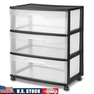 3 Drawer Wide Plastic Storage Cart with Clear Pull Out Drawers for Bedroom Kitchen Bathroom Craft Room and Closet Organization