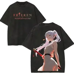 Frieren Washed Shirt Anime Gift for Her Blue Moon Weed Flower Graphic Tee Streetwear Fan Clothes Acid Washed Tshirt 250gsm Premium Cotton
