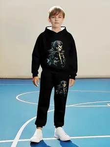 Boys' Hooded Sweatshirt Set, 3D Cartoon Skull Motorcycle Print, Cute Casual Fall Winter, Daily Wear & Outdoor Activities