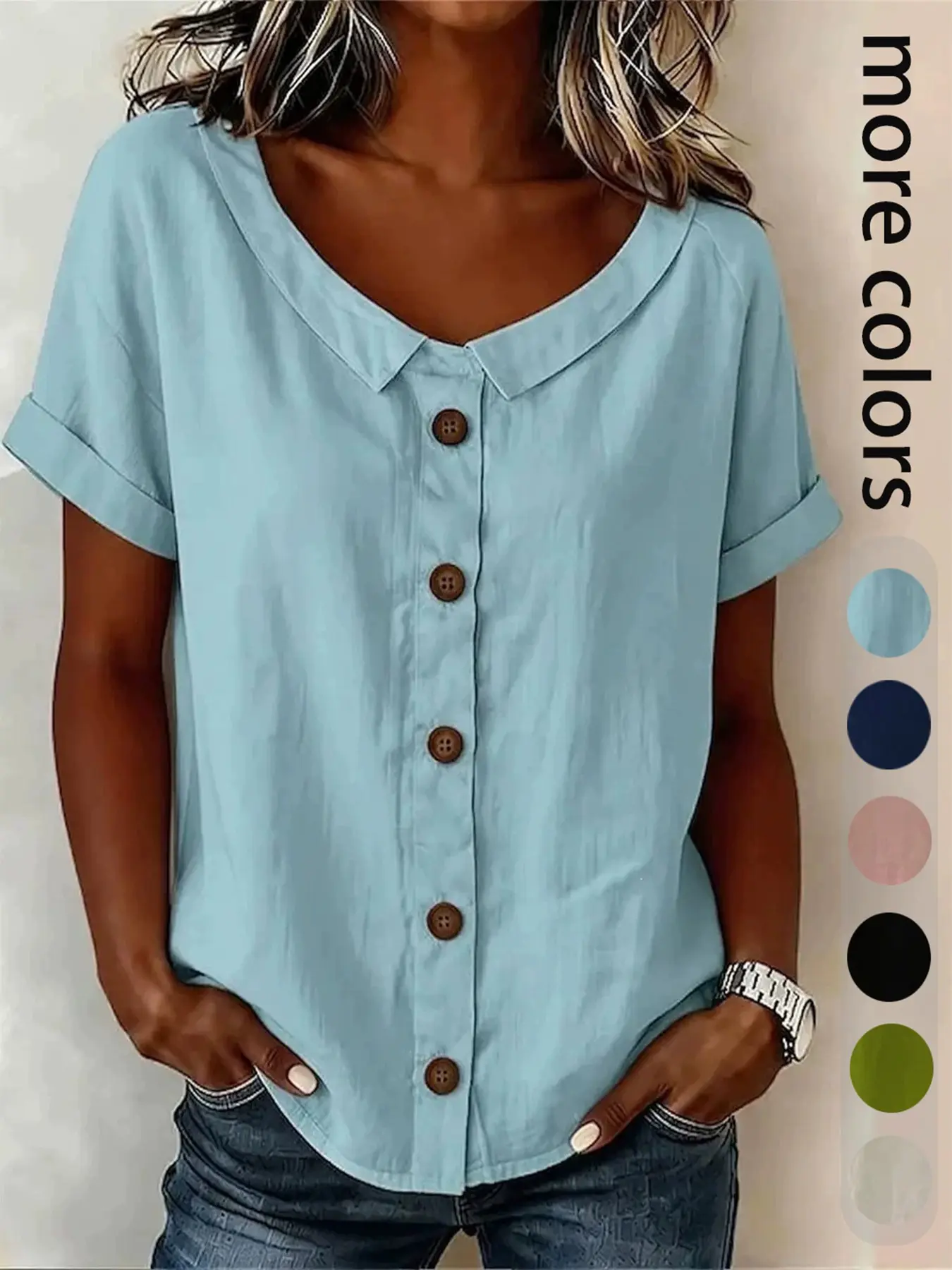 Women's Casual Loose Fit Button Pure Color Round Neck Short Sleeve T-Shirt, Comfortable and Stylish Top for Daily Wear