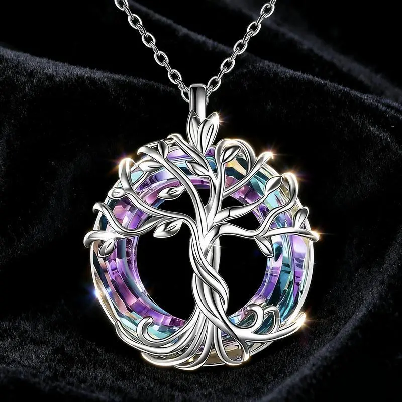 Women's Silver Tree of Life Pendant Necklace - Iridescent Rainbow-Hued Faceted Crystals, Hypoallergenic Polished Alloy, Premium Craftsmanship, Spiritual Versatile Daily Jewelry for Any Occasion Birthday-Anniversary Gift