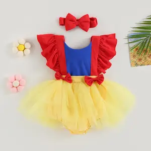 Newborn Infant Baby Girls Princess Tulle Bodysuit Clothes Mesh Patchwork Romper Dress Jumpsuit with Headband Summer Clothes