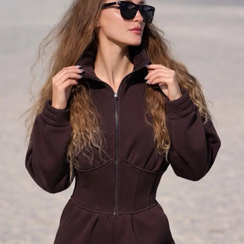 Brown Fleece Warm Jumpsuit for Women Cozy Winter One Piece with Zipper Closure and Pockets