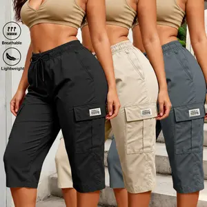 Women’s lightweight, breathable casual capri pants with multiple pockets—ideal for outdoor hiking, everyday streetwear, and athletic wear—featuring a drawstring elastic waistband.