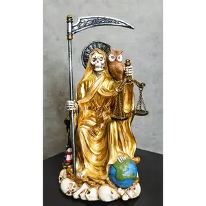Seated Gold Santa Muerte With Scythe Scales of Justice And Wise Owl Figurine 9"H