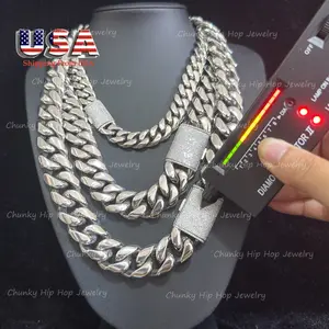 Diamond Test Soild High Polish Silver Miami Cuban Link Chain Necklace With Icedout Copper Clasps Mens Womens Water Proof Jewelry