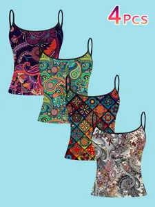 Boho Paisley Backless Halter Top Set, Vintage Ethnic Print Slim Fit Strapless Blouse, Hippie Vacation Style Sleeveless Tee for Women, Summer Outerwear & Innerwear