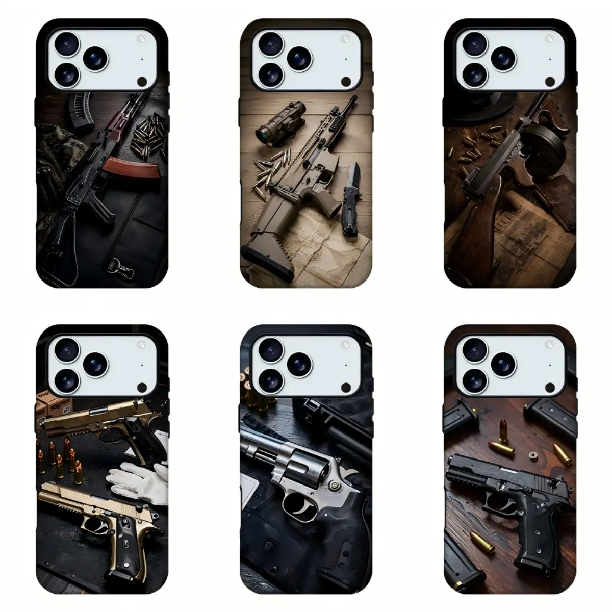 Tactical Firearms Vintage Gun Collection Wooden Surface Print Case, Military Weapon Realistic Retro Outdoor Style Shockproof Rugged Phone Shell for iPhone11 12 13 14 15 16 17pro max and Samsung S21-S26 .Perfect for Her/HimGirly Phone Caseslovely gift