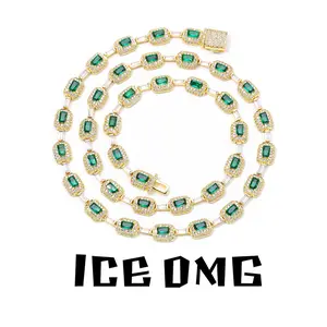 ICEOMG 6mm Luxury Emerald Cushion Cut Necklace for Women Men Iced Out Green Zircon Baguette Link Chain  White Gold Plated Hip Hop Jewelry Valentine's Day Gift for Girlfriend Wife Romantic Anniversary Birthday Present Elegant Statement Bling