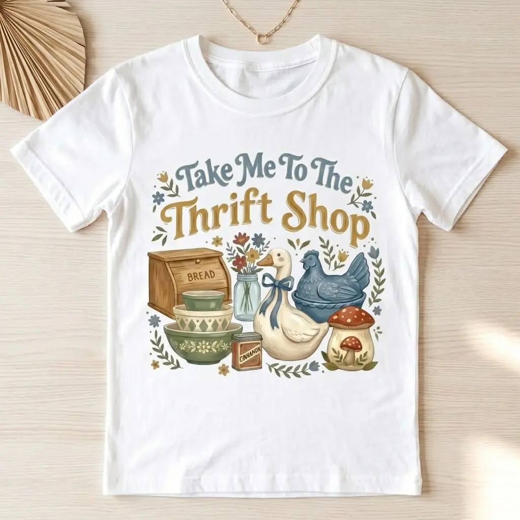 Fitted Round Neck Tshirt - "Take Me To The Thrift Shop" Vintage Graphic Tees, Streetwear, Casual Day Wear, Soft Comfortable Fabric, Sports Top
