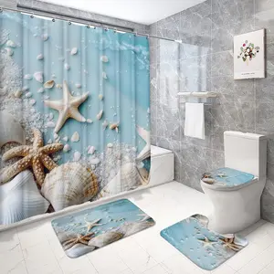 Tropical Floral Door Scene Print Shower Curtain Set, Includes Toilet Mat, Restroom Rug, U-Shaped Pad, Hooks, Essential Home Decor Accessories, Shower Essentials