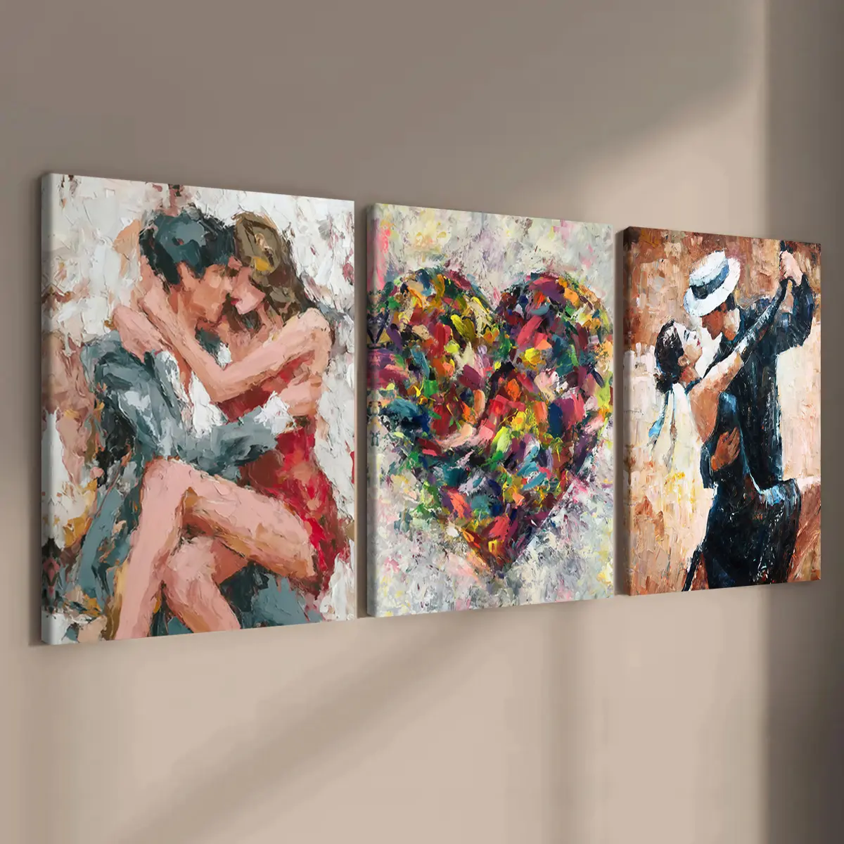 Valentine's Day Art Poster Set, Passionate Kiss Couple & Colorful Hearts Tango Dancers, Modern Home Decor, Artistic Waterproof Wall Art, Wood, Ideal Gift