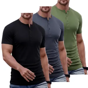 100% polyester fiber, non-cotton stretch quick-dry fabric — TOOTD selected — Men’s plain muscle slim-fit Henley shirts, crewneck longline T-shirts, gym workout athletic shirts/tees with buttons; men’s casual tops