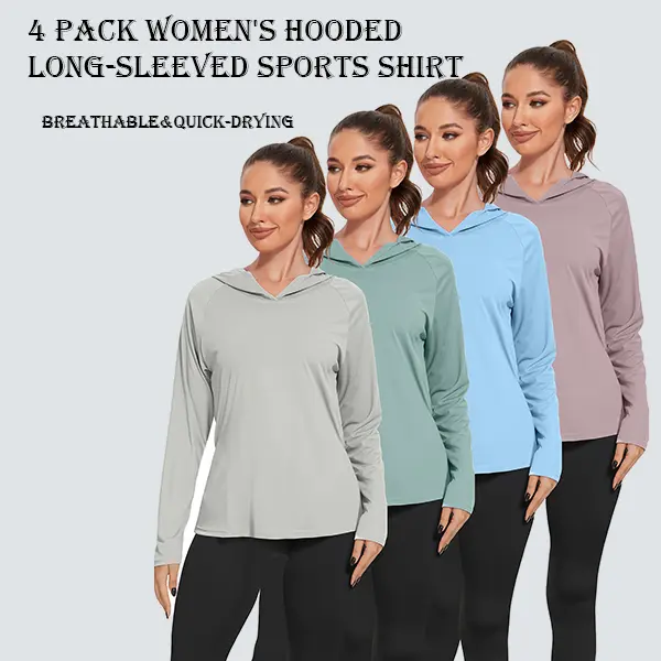 Women's Sports Hoodie Shirts, 4-Pack Long Sleeve Quick-Dry Solid Color Tops with UV Protection for Biking and Summer Activities