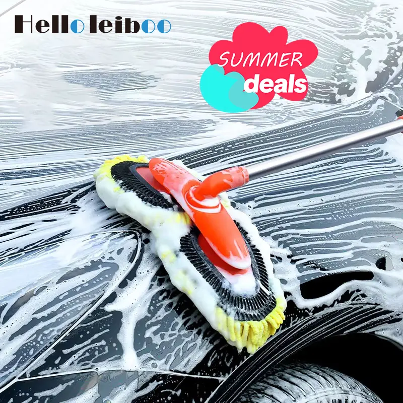 【DealsForYouDays】LEIBOO 43'' Long handle car wash mop, Retractable stainless steel pole, soft chenille material Car Wash Brush, Quick drying，3X Fast Cleaning，for Car, RV, Truck, SUV and Home cleaning - Car Wash Accessories！Fathers Day Gift！