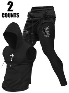 Two-Piece Set Men's Cross Print Zip Up Hoodie & Leggings Tracksuit Set, Breathable Comfortable Sports Set for Gym Workout Running, Men's Sportswear for Spring & Fall, Workout Running Clothes