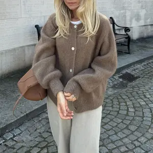 Women's Solid Color Cardigan, Fuzzy Long Sleeve Button Down Sweater, Soft Knit Tops Outerwear, Ladies Clothes for Indoor Outdoor Wear, Ladies Clothes for Daily WearGift