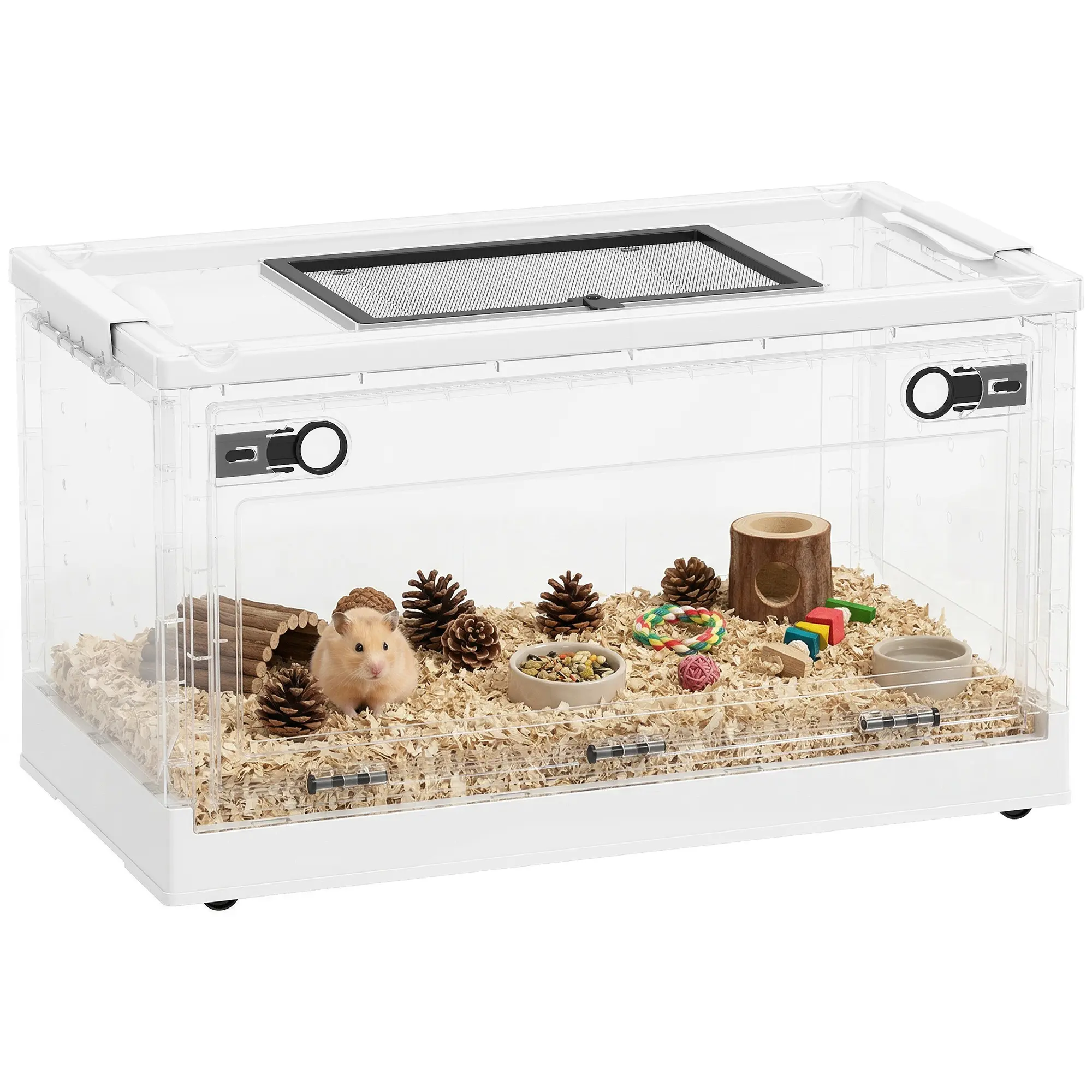 Stackable Hamster Cage – Large Drop-Down Front Door (18.9" x 8.5"). Ventilated Mesh Top & Side Holes. Clear Panoramic Body. Easy 5-Min Assembly. For Dwarf Hamsters, Gerbils & Mice