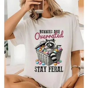 Feral Raccoon Easter T-shirt, Bunnies Are Overrated Funny Tee, Feral Raccoon Easter Shirt, Retro Humor Easter Graphic, Full Size.