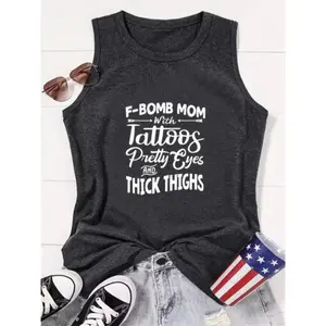 Women's Letter Print Round Neck Tank Top, Tank Tops Women, Lady Casual Sleeveless Crew Neck Top for Summer, Tank Tops for Women Daily Wear, Go Out Tops