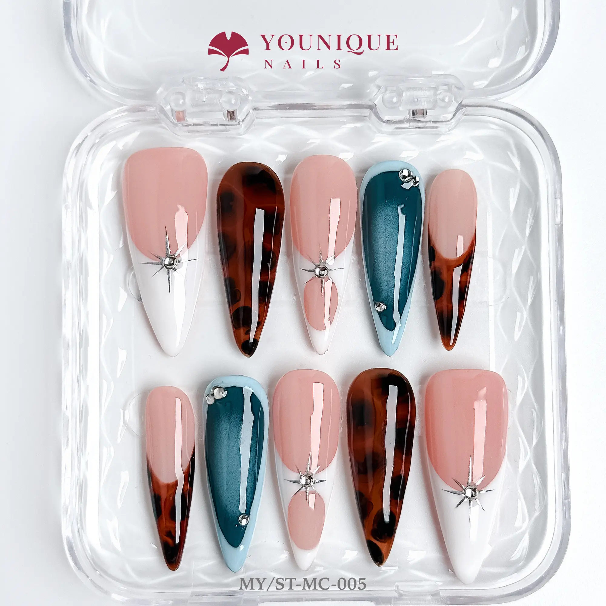 Younique Nails | 10PCS 100% Handmade Press-On Nails | Reusable Colorful Art Glossy Design Acrylic Luxury Long Lasting 3D Stylish Office Wear Floral Embellished Rhinestone salon-quality