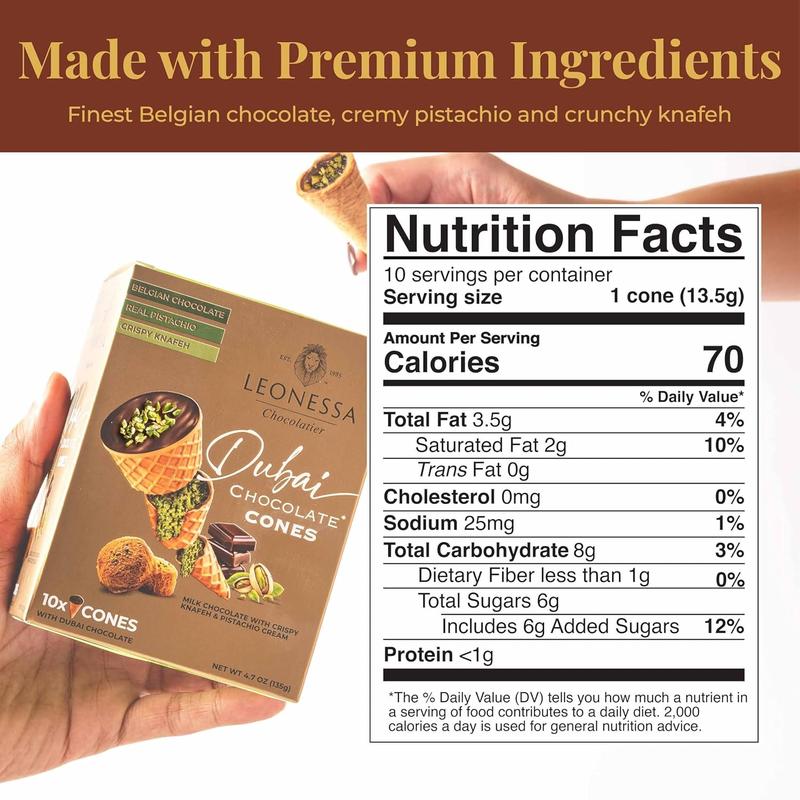 Leonessa Dubai Chocolate Cones with Pistachio Kunafa | Made with Premium Belgian Chocolates | Kunafa Chocolate | Chocolates de Dubai - 4.7 oz