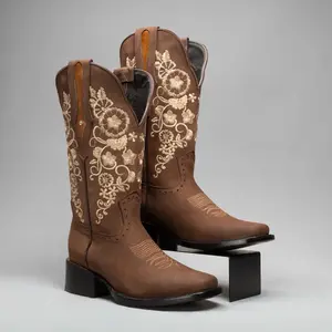 Florence Women's Square Toe Boots EE Wide Premium Full Leather Rodeo Style 11 Inch Shaft 1.5 Inch Heel Girl Footwear Made in Mexico