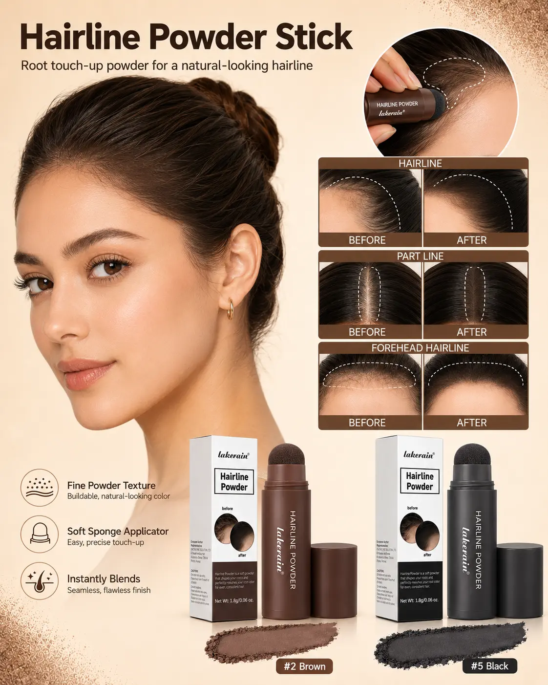 Hairline Powder Stick for Haircare - Unisex Root Touch Up Powder with Soft Sponge Applicator, Brown & Black Filler for Natural-Looking Edges & Sparse Areas, 1.8g