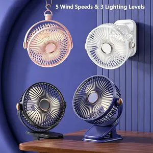 Portable Mini Fan with USB Rechargeable Battery, Five Speed Settings, Three Night Light Modes, 360° Rotatable Clip/Stand/Hang Design, Ideal for home Dorm Office Travel & Outdoor Use