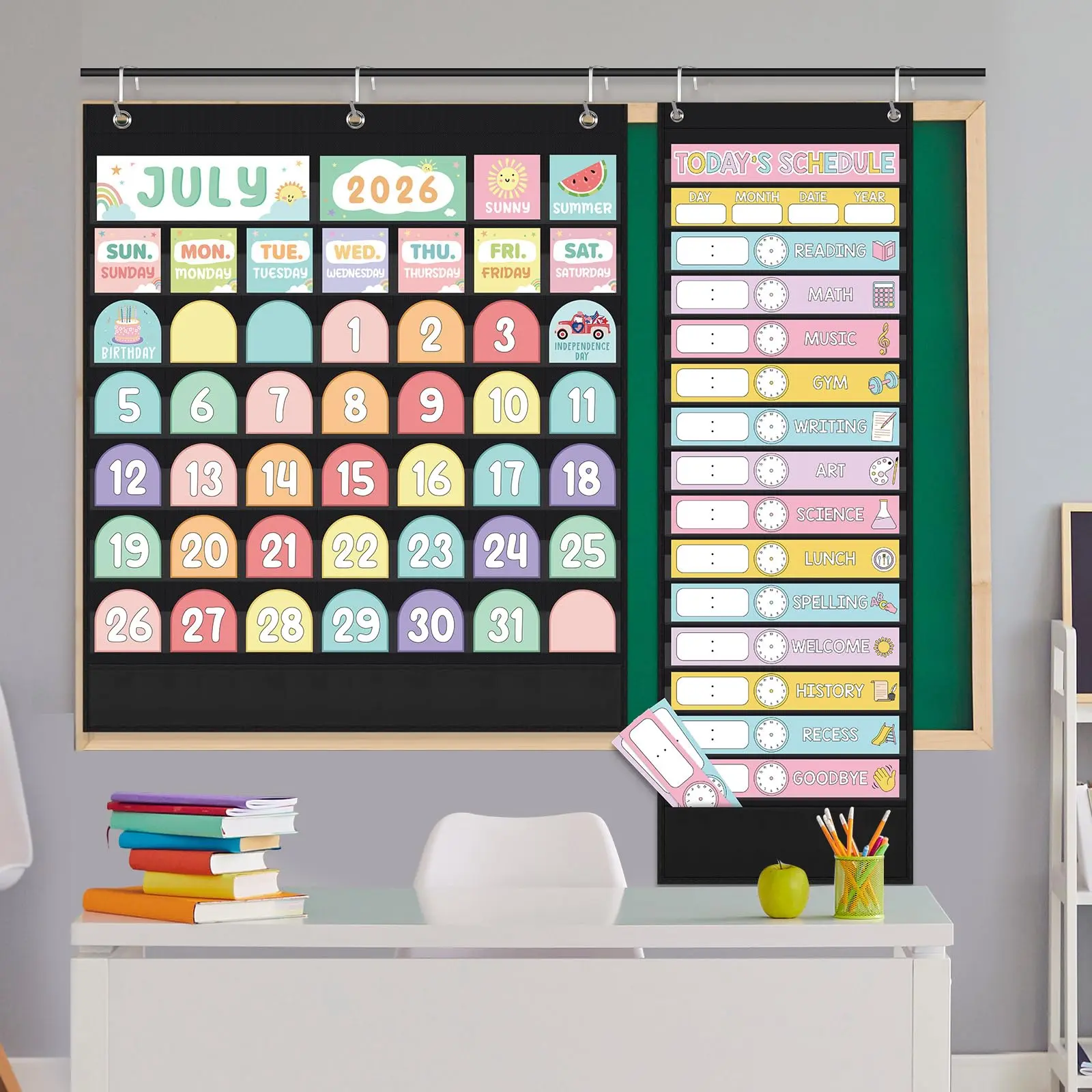Back to School Daily Schedule Pocket Chart & Classroom Calendar Pocket Chart with 102  Calendar Cards & 31 Schedule Cards & 2 Magnetic Erasable Pens & 5 Metal Hangers for School Learning Supply Preschool Kindergarten Primary Classroom Teacher Office Decor