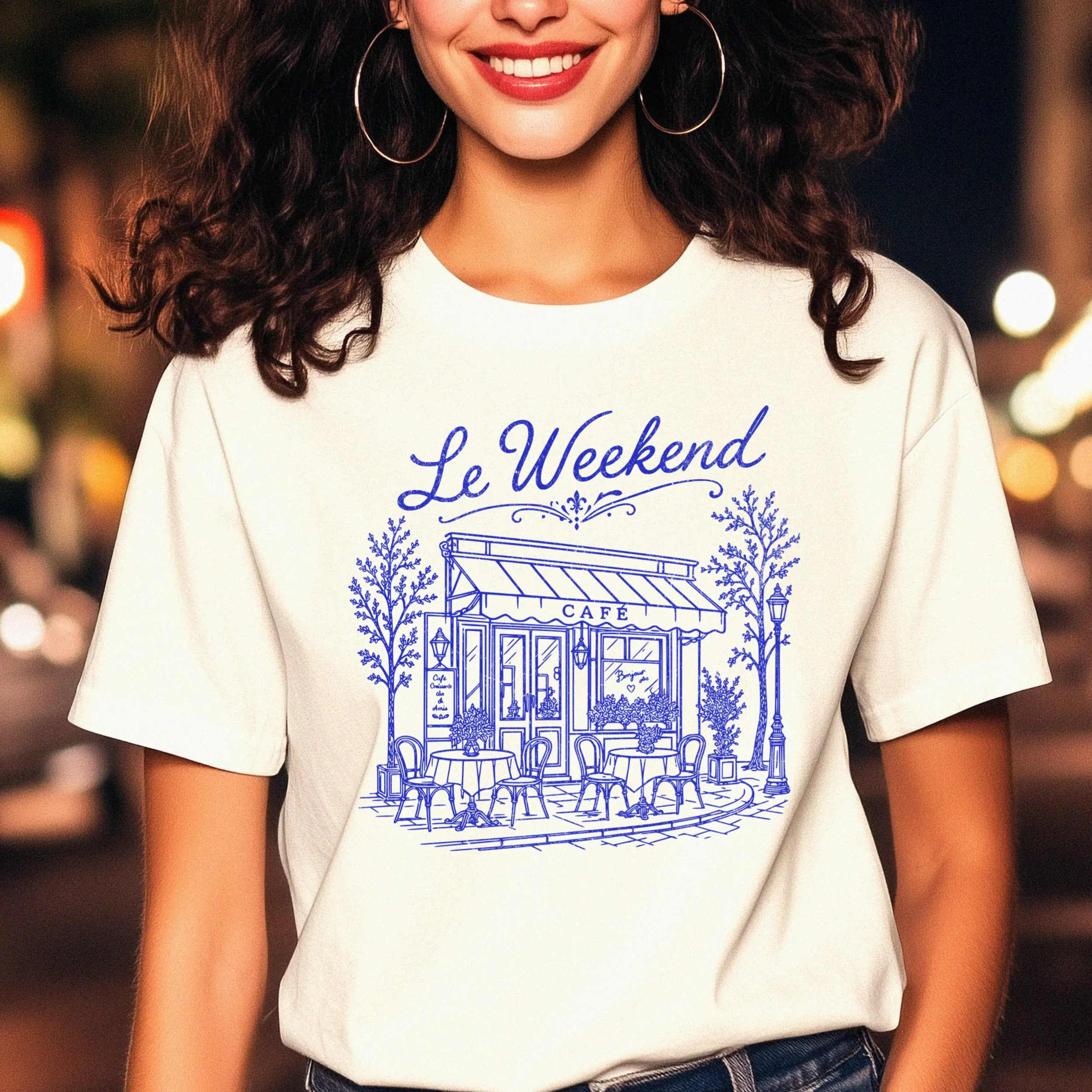 Women's Le Weekend French Café Line Art Vintage Short-Sleeve Tee, Blue Baggy Boxy-Fit Casual 100% Cotton Soft Fabric Graphic Oversized T-Shirt