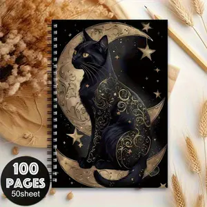 1 Bohemian-style cat and moon design notebook Spiral Notebook Journal - 100 pages, a fun gift for office friends, for study and work planning, daily planning| Fantasy Design| Artistic cover, cat gift