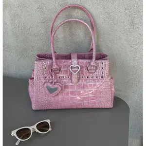 Large-capacity stone-pattern tote bag|   Casual, elegant, exquisite, versatile shoulder bag, sexy pink crocodile-patterned handle, stylish and refined, lined, zipper closure, detachable shoulder strap crossbody women plain design Fashionable Plaid small