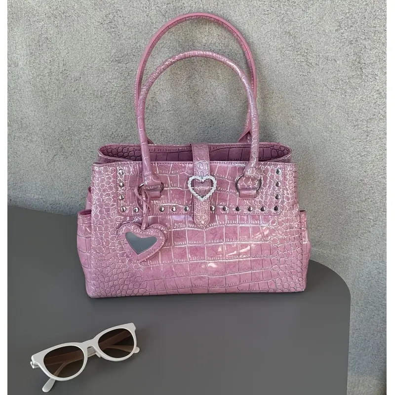 Large-capacity stone-pattern tote bag |     Casual, elegant, exquisite, versatile  bag, sexy pink crocodile-patterned handle, stylish and refined, lined, zipper closure, detachable  strap crossbody women plain design Fashionable Plaid smal Shoulder