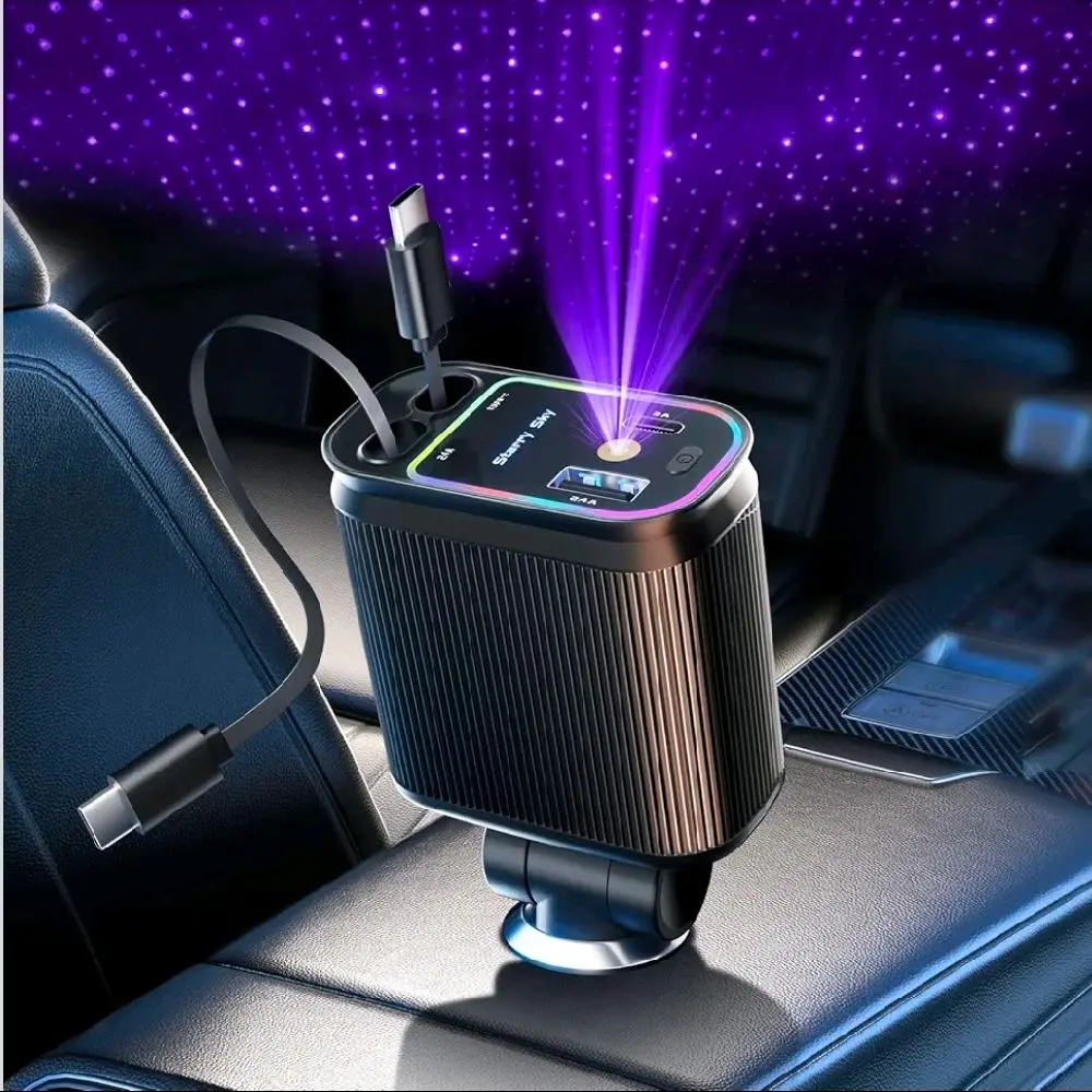 Multifunctional Car Aroma Charger  Enjoy a fresh and relaxing drive with starry sky lighting, air humidifier, and odor removal in one device. Built with a 32-inch retractable anti-tangle cable for easy use anywhere in your car   #CarAroma #FreshDri