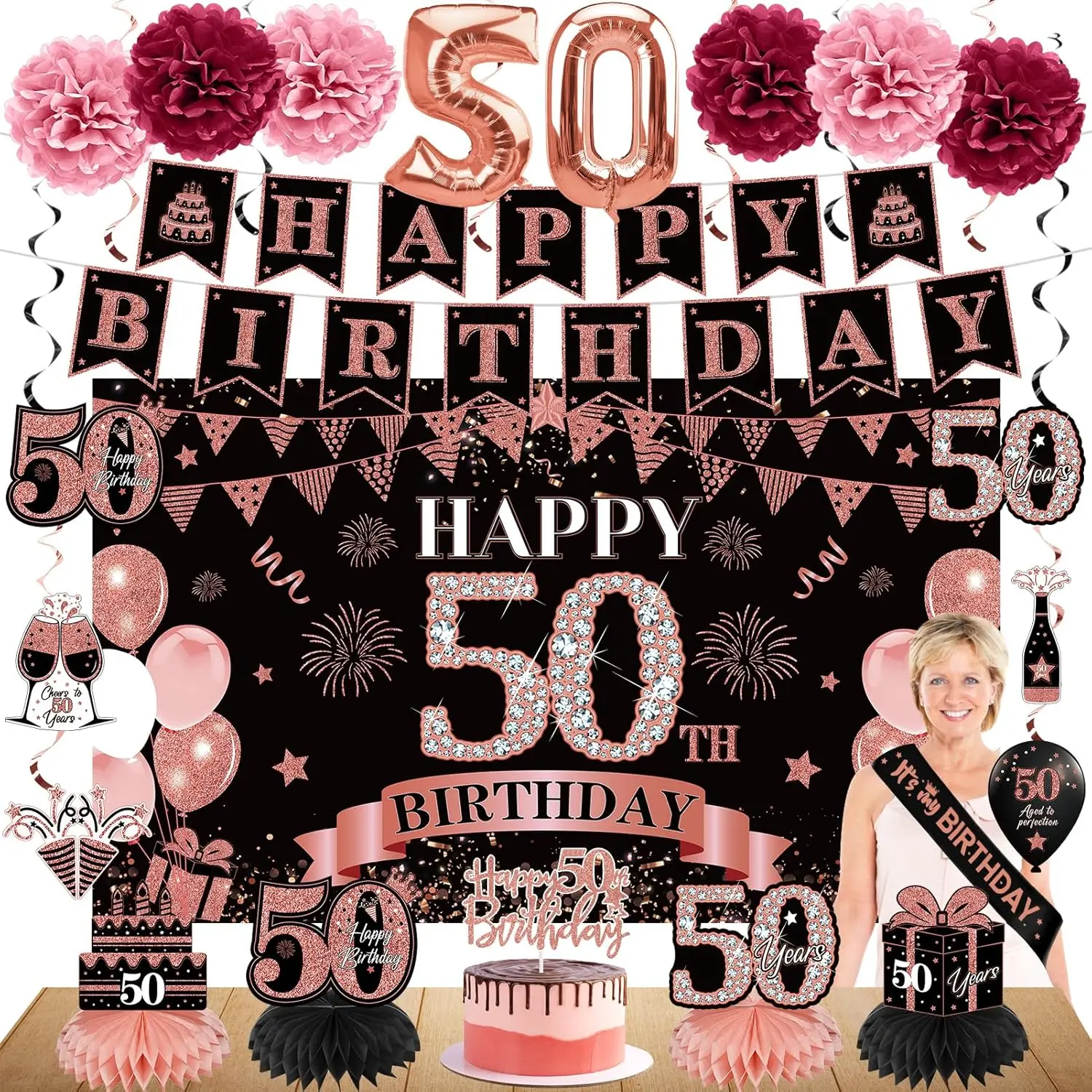 42-Piece Rose Gold 50th Birthday Decor Set with Banner, Balloons, Centerpieces & Cake Topper