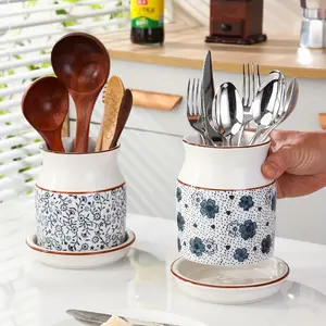 2pcs/Set, Ceramic Large Capacity Kitchen Utensil Storage Rack with Ceramic Base, Cherry Blossom Pattern Kitchenware Holder, Perfect for Desktop Countertop Storage and Decoration