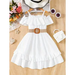 Elegant Girls Solid Ruffle Trim Belted Dress For Summer Party Gift Holiday