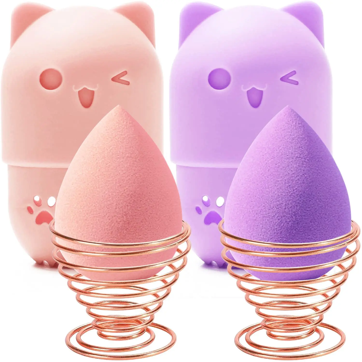 Beauty Sponge Blender 6-Piece Double Set, Includes 2 Drying Stands and 2 Silicone Travel Cases, Pink & Purple