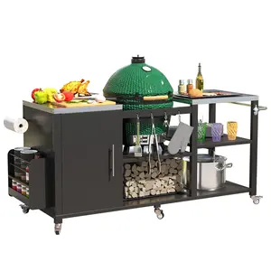 YODOLLA Outdoor Grill Table for Big Green Egg, 69.7" Stainless Steel Grill Cart with Cabinet & Shelves, Heavy Duty 920LBS Outdoor Kitchen Island, Compatible with Large Big Green Egg, Kamado Joe Classic